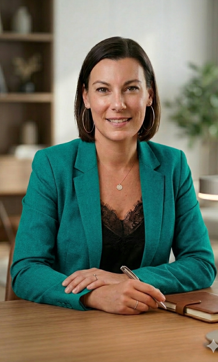 Femme souriante en veste verte, assise à une table, avec un carnet et un stylo.